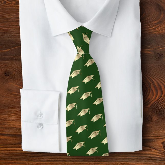 Graduation Green Gold Foil Cap Icon Pattern Bold Tie (Creator Uploaded)