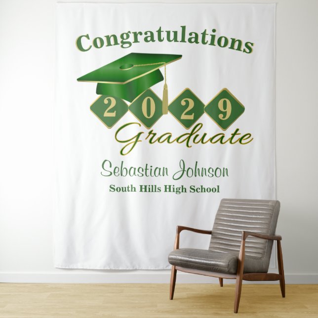 Graduation Green & Gold Party Backdrop Tapestry (In Situ)