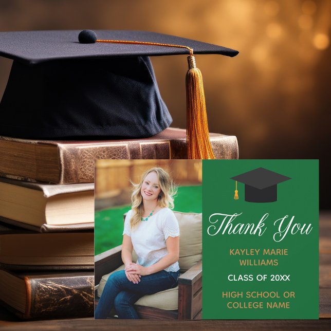 Graduation Green Gold Photo Custom 2025 Graduate Thank You Card (Creator Uploaded)