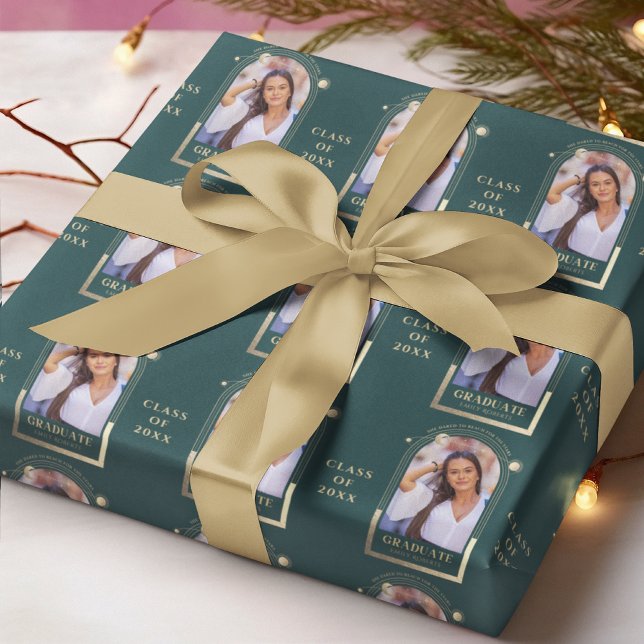 Graduation Green Gold Sun Moon Stars Grad Photo Wrapping Paper (Creator Uploaded)
