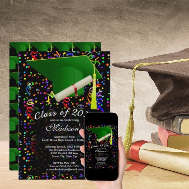 Graduation Green Grad Cap Diploma Confetti Party Invitation (Graduation Green Grad Cap Diploma Confetti Party Invitation)