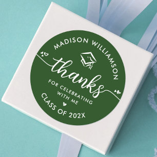 Graduation Green Modern Thank You Script Heart Cap Classic Round Sticker