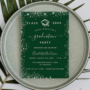 Graduation green silver glitter invitation postcard