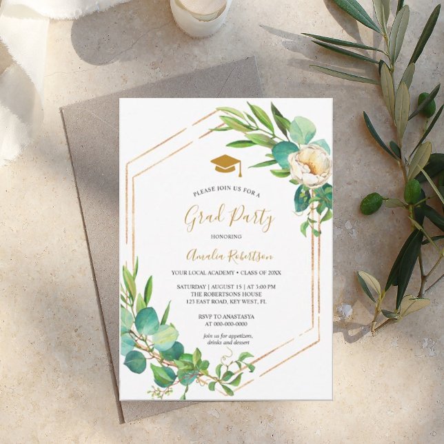 Graduation Greenery Floral and Golden Invitation (Creator Uploaded)