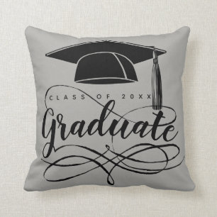 Graduation Grey Black Script Typography Grad Cap Cushion