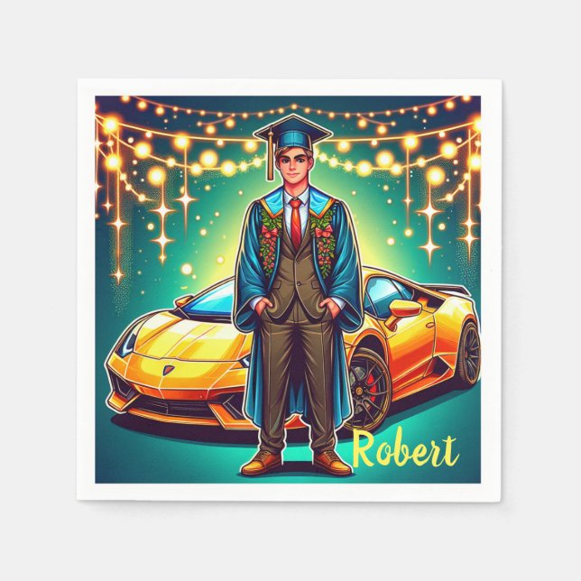  Graduation Guy With Fast Car Custom Napkin (Front)