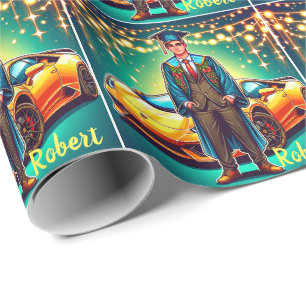 Graduation Guy With Fast Car Custom Wrapping Paper