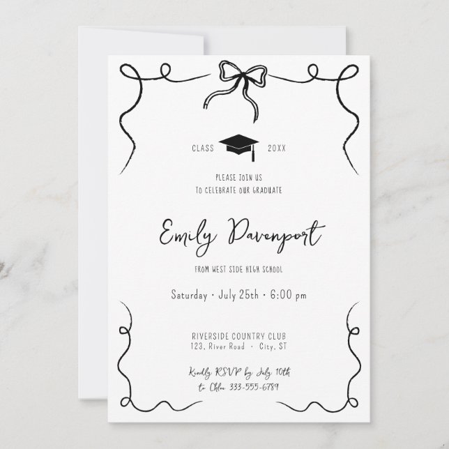 Graduation hand drawn bow wavy photo on back  invitation (Front)