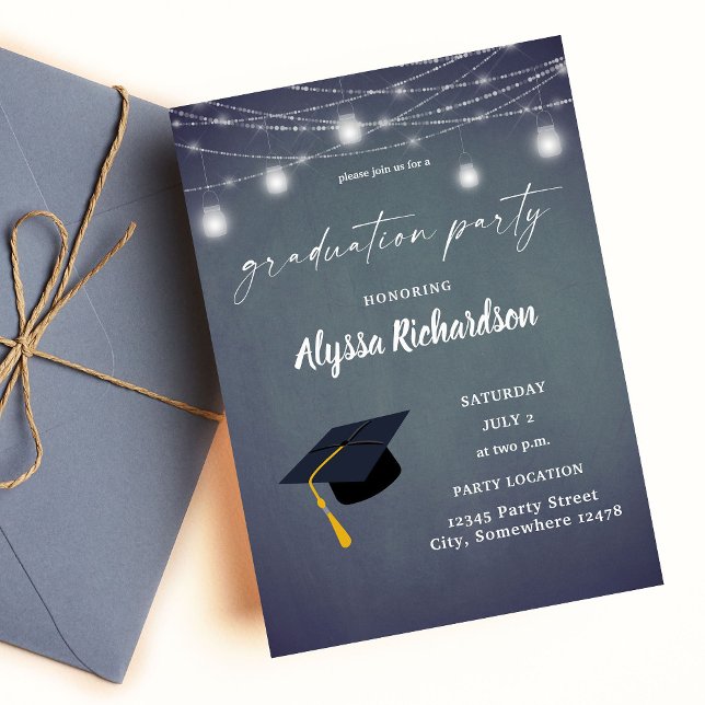 Graduation Hat Chalkboard Graduation Party BlueG Invitation (Creator Uploaded)