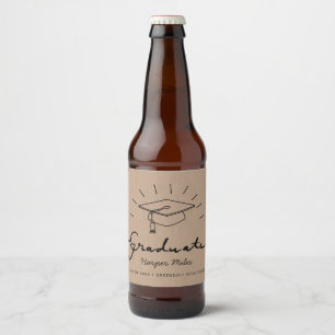 Graduation hat doodle with rays party beer bottle label