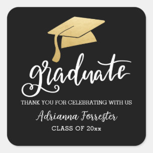Graduation Hat Faux Gold Foil Casual Script Square Sticker