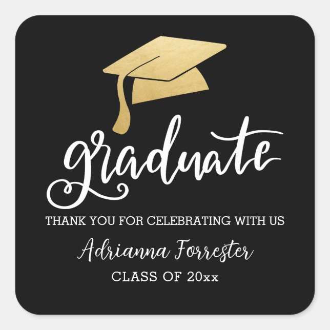 Graduation Hat Faux Gold Foil Casual Script Square Sticker (Front)