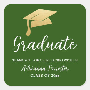 Graduation Hat Faux Gold Foil Thank You Green Square Sticker
