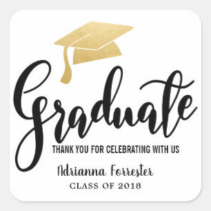 Graduation Hat Faux Gold Foil Thank You Square Sticker