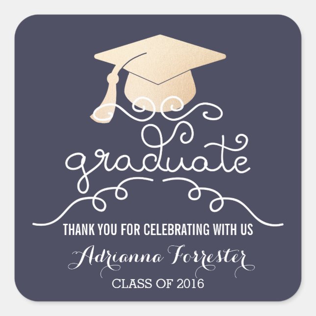 Graduation Hat Faux Rose Gold Foil Thank You Blue Square Sticker (Front)