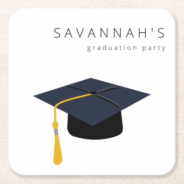 Graduation Hat & Name Party Square Paper Coaster (Front)