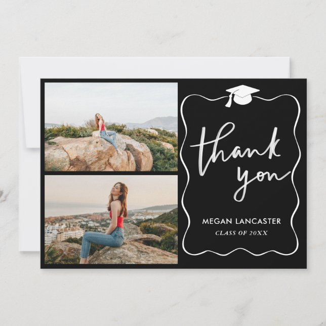 Graduation Hat Ribbon | Black | Thank You | Script Card (Front)