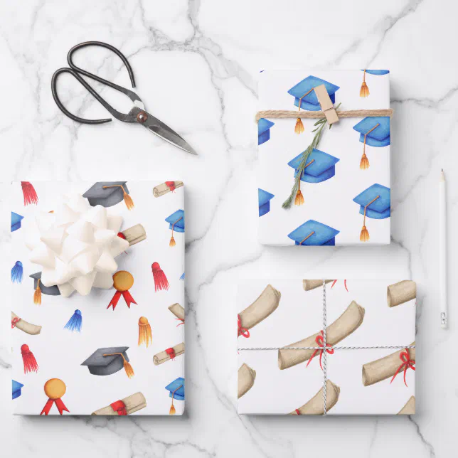 Graduation Hats Diplomas and Medals Pattern Wrapping Paper Sheet | Zazzle
