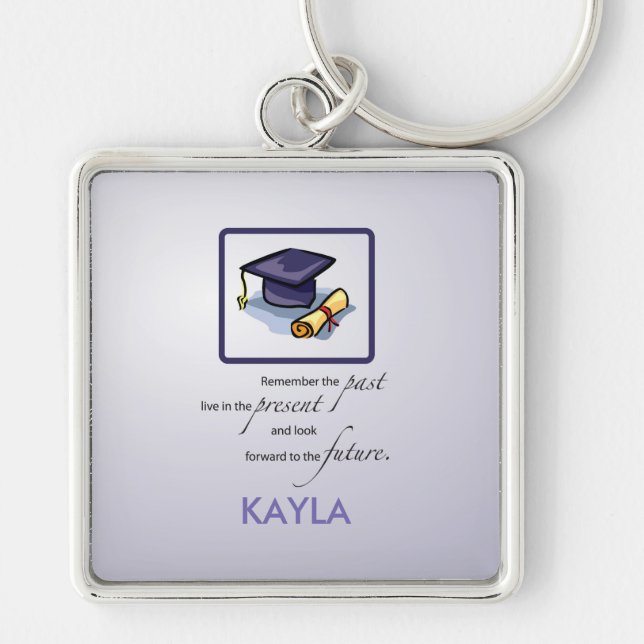 Graduation Hats Past Present Future on Blue Key Ring (Front)