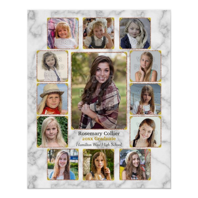 Graduation High School Photo Collage White Marble Poster (Front)