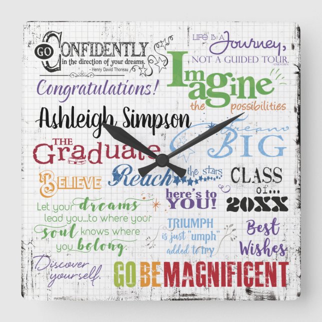 Graduation Inspirational Quotes Personalised Square Wall Clock (Front)