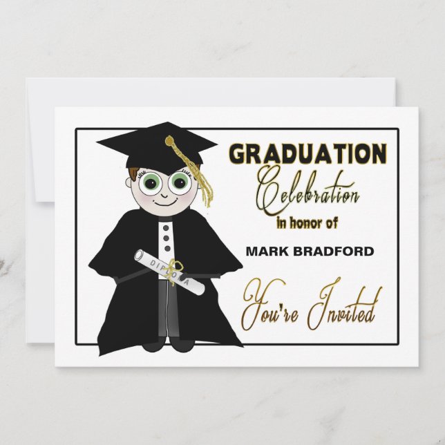 Graduation Invitation -  Guy in Cap & Gown (Front)