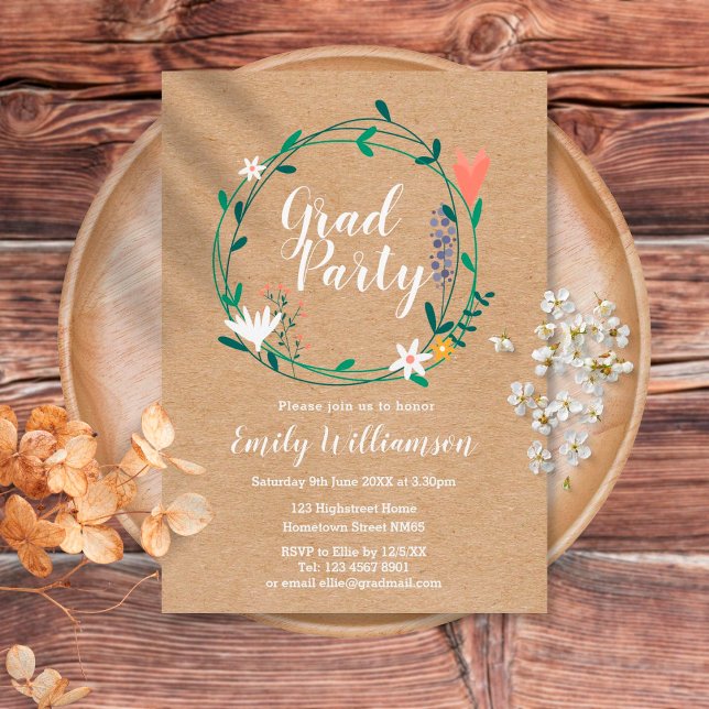 Graduation Invitation Party Rustic Kraft Floral (Creator Uploaded)