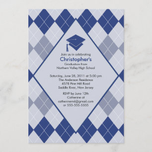 Graduation Invitation Preppy Blue Argyle