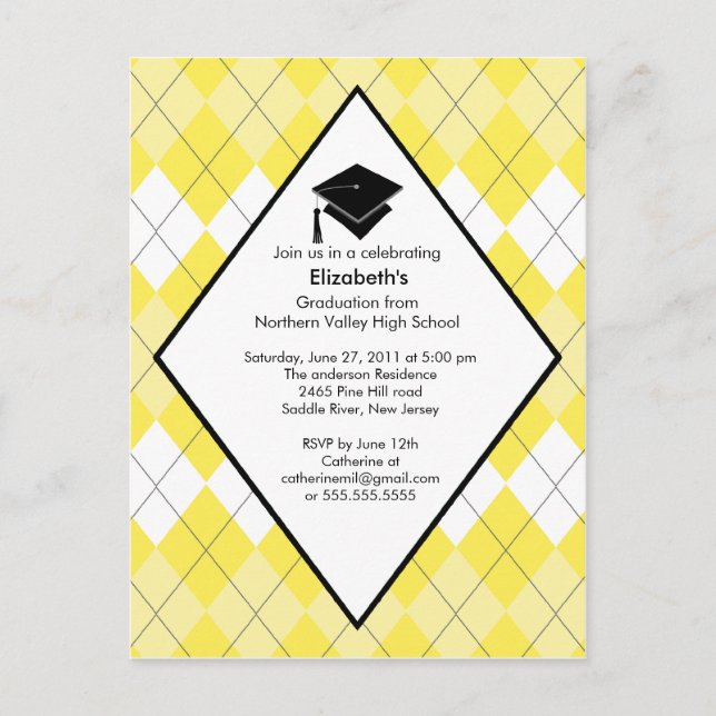 Graduation Invitation Preppy Yellow Argyle (Front)