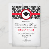 Graduation Invitation - Red Black White Damask