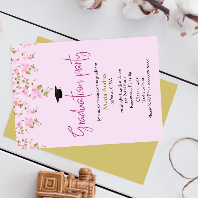 graduation invitation with a pink floral Green  (Creator Uploaded)