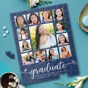 Graduation K–12 Modern Script Photo Collage Navy Jigsaw Puzzle