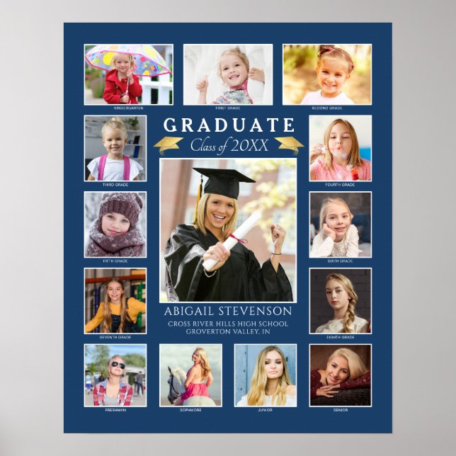 Graduation K-12 Photo Collage Blue Keepsake Poster (Front)