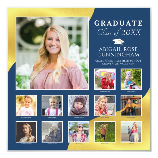 Graduation K-12 Photo Collage Blue Metallic Gold Print (Front)