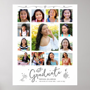 Graduation K–12 Photo Collage Grey Doodles White Poster