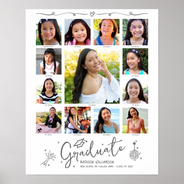 Graduation K–12 Photo Collage Grey Doodles White Poster (Front)