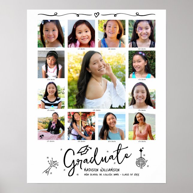 Graduation K–12 Photo Collage White Black Doodles Poster (Front)