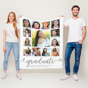 Graduation K–12 White Modern Script Photo Collage  Fleece Blanket