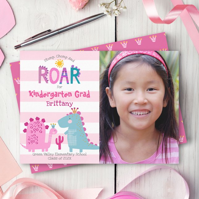 Graduation Kindergarten Photo Dinosaurs Girl Cute Announcement (Creator Uploaded)