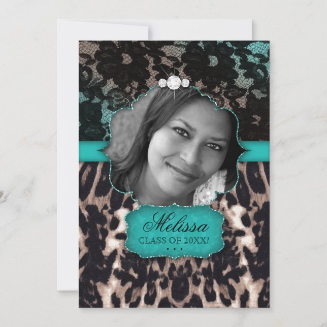 Graduation Leopard Lace Invitation Blue Brown (Front)