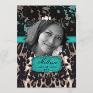 Graduation Leopard Lace Invitation Blue Brown