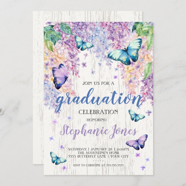 Graduation Lilacs and Butterfly Invitation (Front/Back)