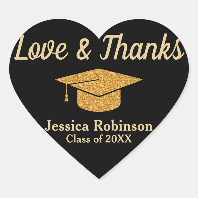 Graduation Love & Thanks Black & Gold Chic Elegant Heart Sticker (Front)