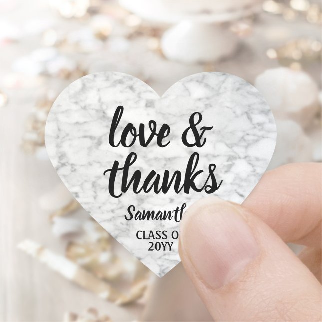 Graduation Love & Thanks Black & White Faux Marble Heart Sticker (Creator Uploaded)