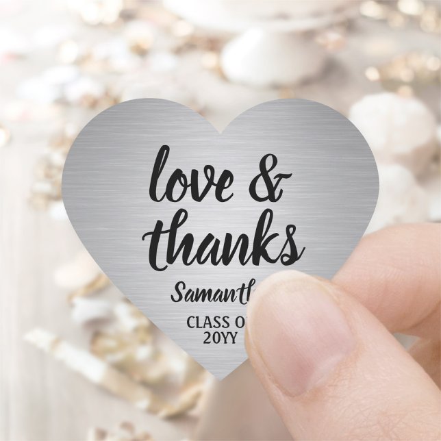 Graduation Love & Thanks Faux Brushed Silver Heart Sticker (Creator Uploaded)