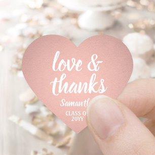 Graduation Love & Thanks Pink Rose Gold Faux Foil Heart Sticker