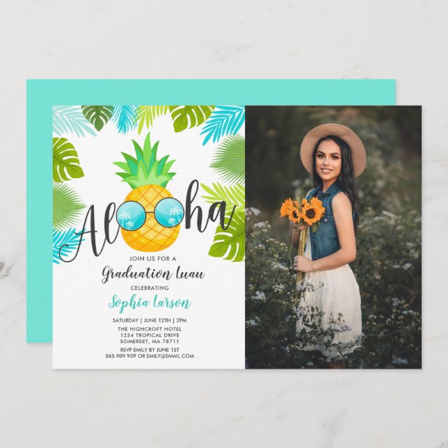 Graduation Luau Party Invitation Pineapple Grad (Front/Back)