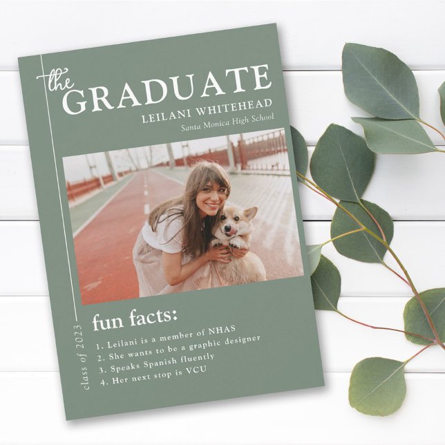 Graduation Magazine Fun Facts Sage Green Announcement (Creator Uploaded)