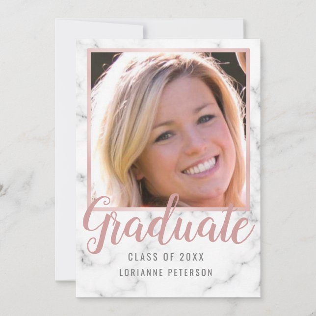 Graduation Marble Rose Gold Photo Grey Script Announcement (Front)