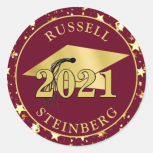 Graduation Maroon Burgundy Gold Cap Stars Classic Round Sticker